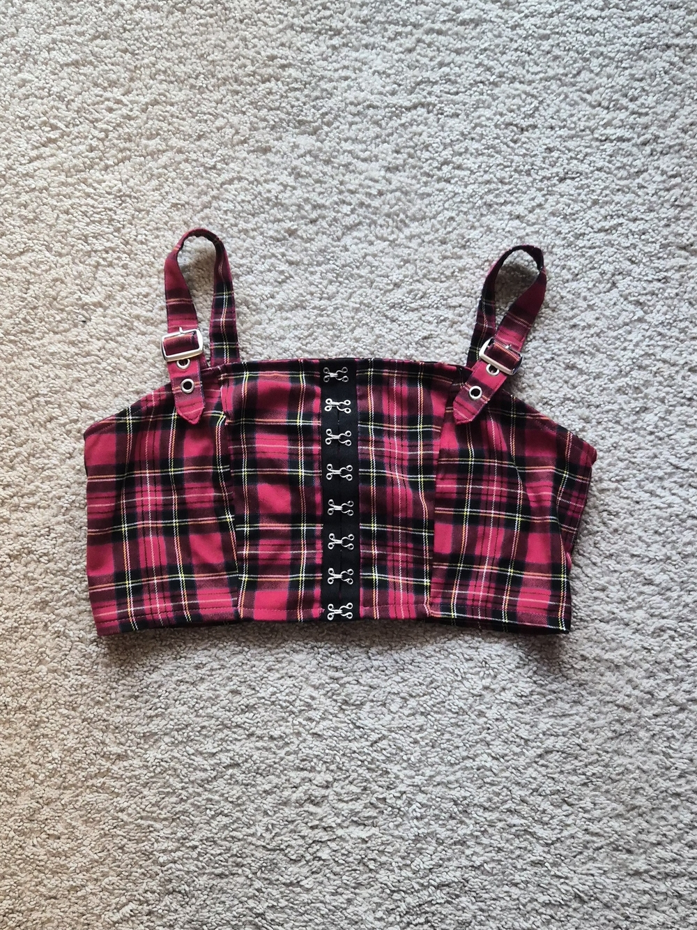 Hot Topic Red & Black Plaid Buckle Strap Crop Top